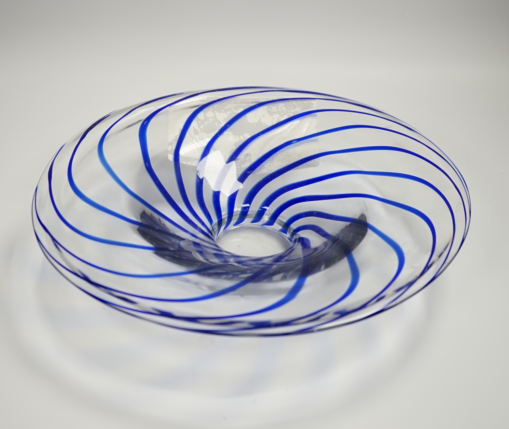 A Murano blue striped glass dish attributed to Carlo Moretti, 30cm diameter